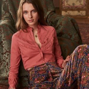 Pink Sézane Rozy 100% Cotton Button-Down Eyelet Blouse
